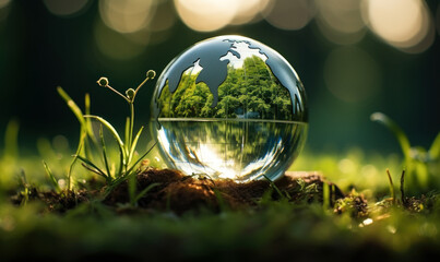 A miniature globe in a clear glass sphere rests amidst lush green grass, reflecting the concept of a delicate, sustainable world needing protection - obrazy, fototapety, plakaty