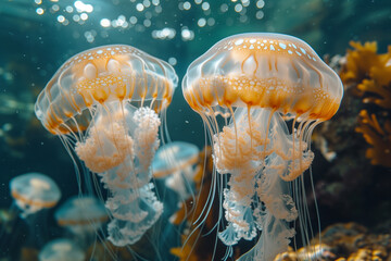 Focus on the ethereal and graceful movements of jellyfish, Generative AI