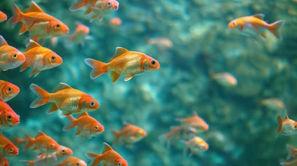 Fotobehang School of goldfish swimming in clear blue water. © RISHAD