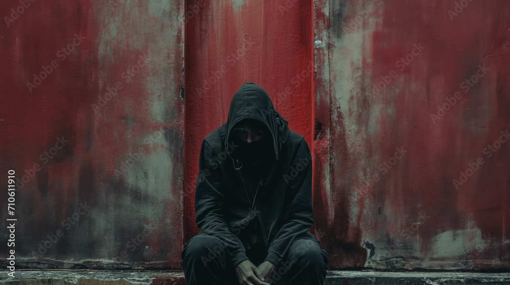 Wall mural Hooded figure sitting against a red distressed wall.