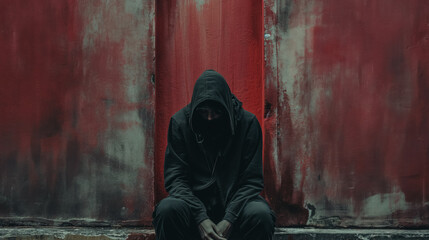 Hooded figure sitting against a red distressed wall.