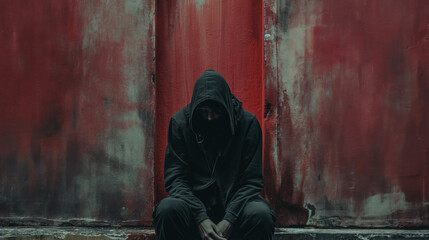 Hooded figure sitting against a red distressed wall. - Powered by Adobe