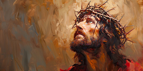 Jesus with crown of thorns, oil illustration - obrazy, fototapety, plakaty