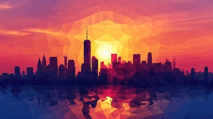 Geometric cityscape silhouette at sunset background