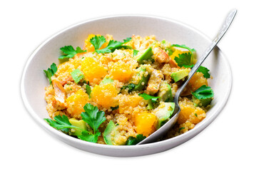 Quinoa Salad with Orange, Chicken and Avocado, Healthy Meal on White Background