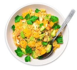 Quinoa Salad with Orange, Chicken and Avocado, Healthy Meal on White Background