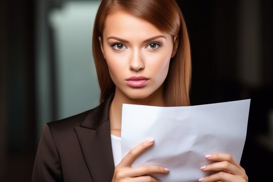 portrait of a confident young woman holding her resume in front of her face
