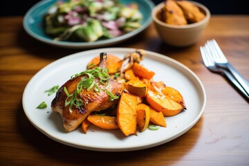 chicken alongside roasted sweet potatoes