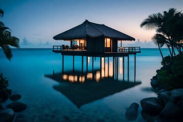 The tranquility of an overwater bungalow at twilight, its stilts casting a mesmerizing reflection on the serene, mirror-like surface of the ocean, inviting peaceful contemplation.