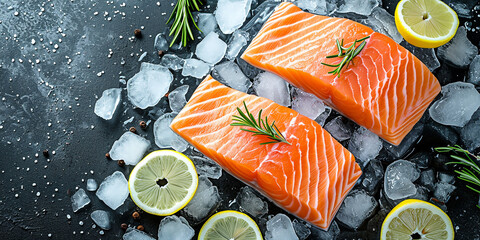 Raw fish meat. Fresh salmon fillet on ice with lemon and rosemary.