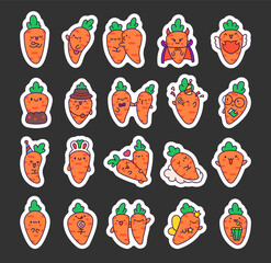 Kawaii carrot with funny faces. Sticker Bookmark. Cute cartoon happy food characters. Hand drawn style. Vector drawing. Collection of design elements.