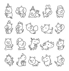 Cute kawaii rhino. Coloring Page. Cartoon funny rhinoceros. Animal character. Hand drawn style. Vector drawing. Collection of design elements.