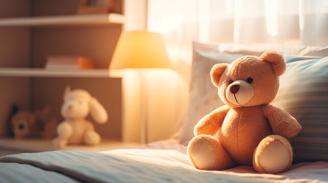 teddy bear sitting on a crib in a children's room, cozy children's room, sunlight
