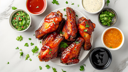 Air fryer chicken wings glazed with hot chili sauce and served with a variety of sauces - obrazy, fototapety, plakaty