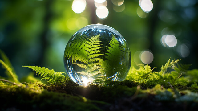 Sustainable concept,Crystal Ball Amidst Lush Ferns and Forest Light,Sustainable Energy,cabon tax