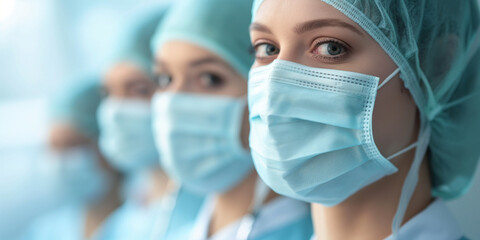 Ärzte Team und Krankenschwester mit Mundschutz blicken in die Kamera, ai generativ - obrazy, fototapety, plakaty