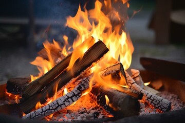 A detailed view of a campfire in the outdoors with burning wood, flickering flames, and intense fire. Generative AI