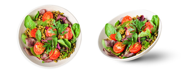 Mung Bean Cherry Tomato Salad in a Bowl on White Background