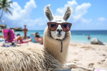 Fototapeta premium llama in sunglasses take a selfie on the beach. Beach holiday, vacation concept. Funny alpaca in a beach hat resting on the beach in summer close-up. Cute alpaca lama in a straw hat against the backgr