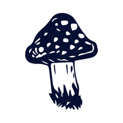 Handmade blockprint mushroom motif clipart in folkart scandi style. Simple monochrome linocut fungi shapes with naive rural lineart.