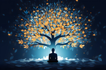 Transform your content with the serene power of mindfulness. A person in meditation, an abstract tree grows, leaves embodying a cascade of introspective thoughts.
