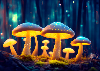 magical glowing mushrooms in the forest