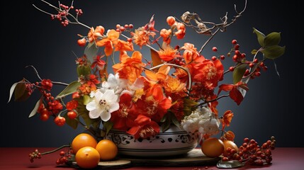 Vase With Flowers and Oranges on Table, Beautiful Natural Decor Accented With Fresh Citrus