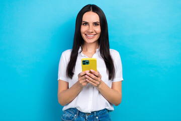 Photo of charming shiny lady wear white shirt texting instagram twitter telegram facebook isolated...