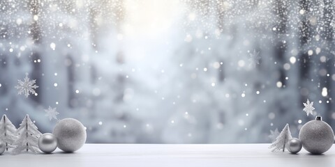 Christmas background. Silver Christmas balls and snow-covered trees on a white surface with falling...