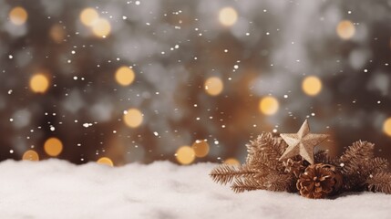 Fototapeta na wymiar Christmas background. A festive Christmas composition with a sparkling golden star, pine cones, and fir branches on a snow-covered surface with bokeh lights