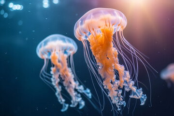 Jellyfish with their translucent bodies and flowing tentacles illuminated by the sun's rays filtering through the water, Generative AI