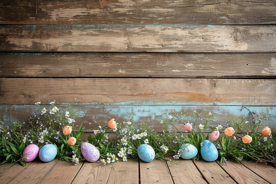 Rustic wooden background with Easter egg theme and many wooden slats