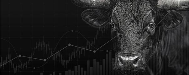 Portrait of black bull, bull season on black background, ai technology