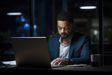 shot of a handsome young man using his laptop while working late in the office