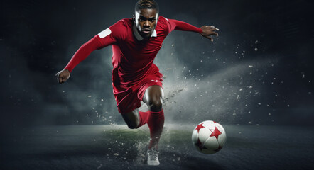 a soccer player kicking the ball in his red uniform - obrazy, fototapety, plakaty