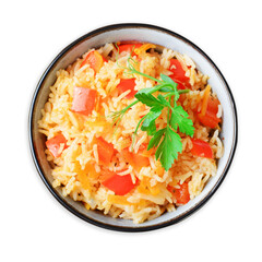 Rice with Bell Pepper and Carrot, Delicious Homemade Rice with Vegetables on White Background