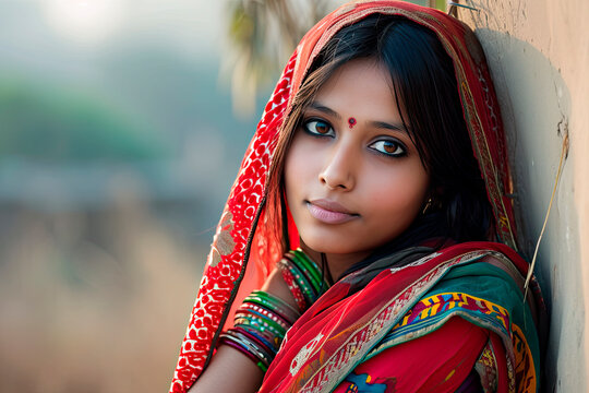 portrait of a young beautiful indian woman with sari