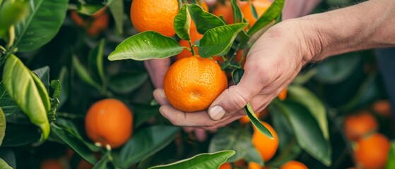 An orange or mandarin fruit is picked by a farmer's hands up close.Organic food, harvesting and farming concept. Background of fresh mandarins or oranges with green leaves..
