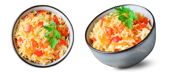 Rice with Bell Pepper and Carrot, Delicious Homemade Rice with Vegetables on White Background