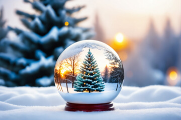 Fototapeta na wymiar Christmas glass ball with tree in it on winter background