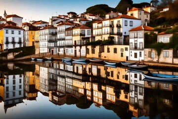 Fototapeta na wymiar A serene riverside scene with charming houses reflected in the tranquil waters of a Portuguese river.
