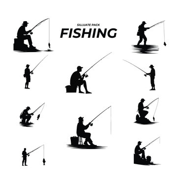 Set of silhouette of a fisherman with fishing rod