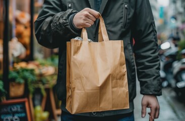 a man is holding a brown paper bag in front of customers