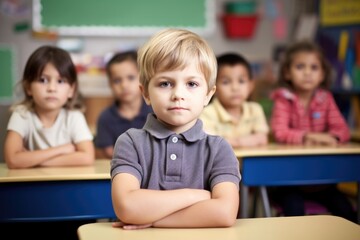 Fototapeta na wymiar portrait of a confident little boy sitting in class with his classmates
