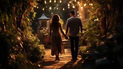 Man and Woman Walking Down Path at Night