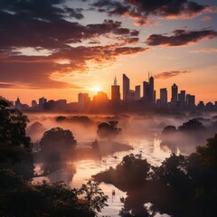 Photo of a city skyline in the early morning mist