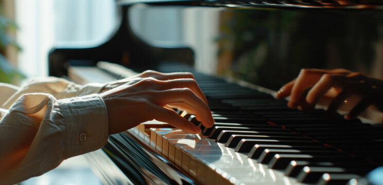 an image of a person playing a black wood piano