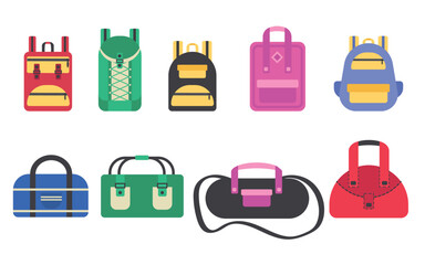 Travel bags. Cartoon knapsack and suitcase. Tourist case with stickers. Camping and hiking rucksack. Journey and adventure baggage. Travelers luggage. Vector traveling backpacks set