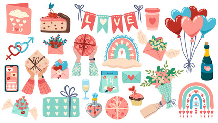 Set of illustrations for Valentine's day. Flat cartoon design of graphic elements. Clip arts for greeting card, invitation, print, sticker. Illustration for birthday, mother's day and woman's day.	