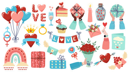 Set of illustrations for Valentine's day. Flat cartoon design of graphic elements. Clip arts for greeting card, invitation, print, sticker. Illustration for birthday, mother's day and woman's day.	